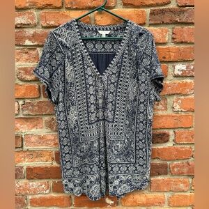 Lucky Brand Navy V-Neck Paisley Top Short Sleeve Linen Blend 1X